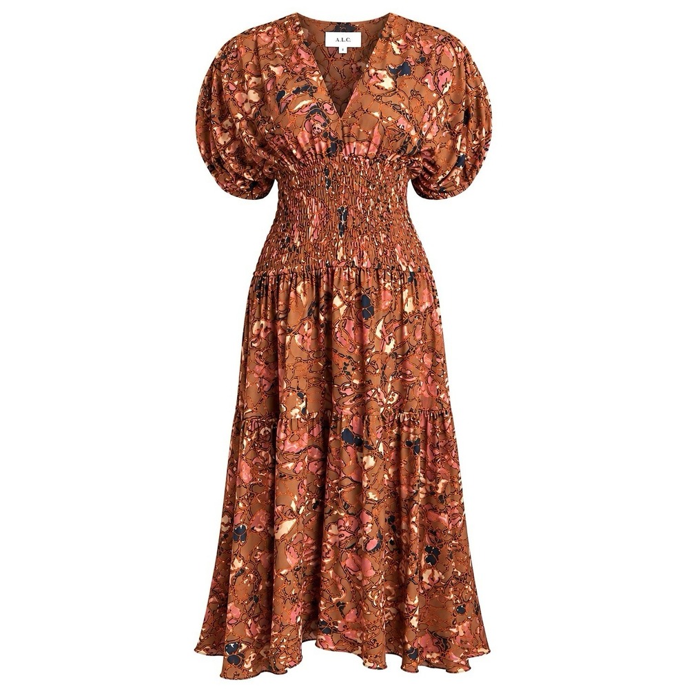 A.L.C. Lucia Brown Floral Puff Sleeve Midi Dress 100% Cotton Sz 8 Boho Chic